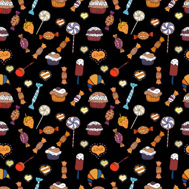 Vektör. Renkli şeker seamless modeli. Beyaz, siyah ve turuncu renkler.