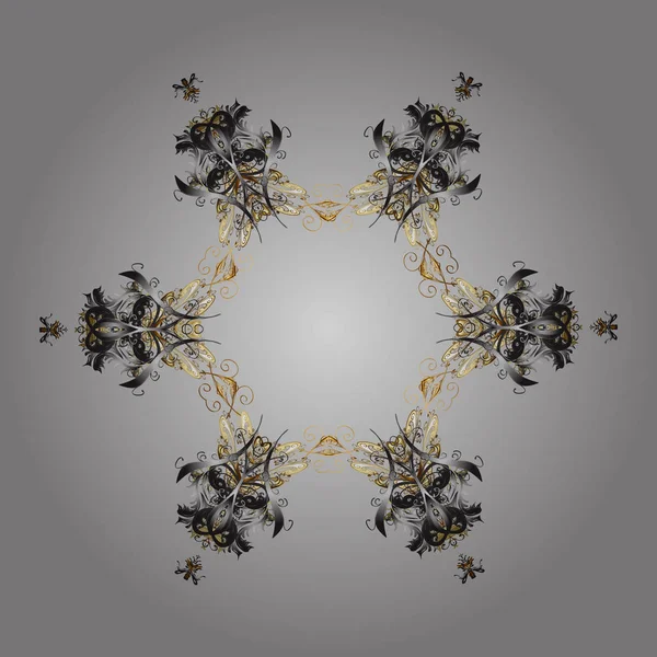 Yeni yıl kar tanesi. Altın renklerde sevimli soyut kar taneleri vektör tasarımı. Düz kar doodle simgeleri, noel afiş için kar gevreği siluet, kartlar.