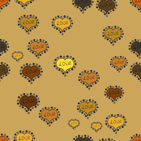 Valentine': s gün. Vektör. Kağıt ambalaj. Sarı, siyah ve kahverengi renkleri çizim kroki tarzı. Kalp Doodle. Soyut kesintisiz aşk desen.