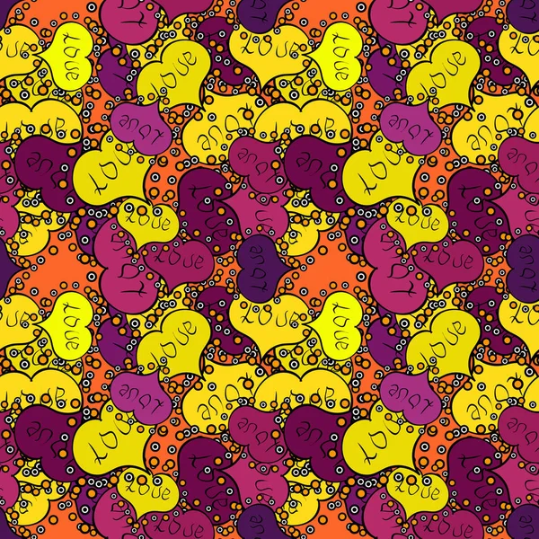 Dikişsiz İlginç tipografi. Farklı unsurları ile aşk tasarımı. Vektör illüstrasyon. Sarı, siyah ve mor renklerde Sevgililer günü arka plan.