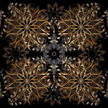 Siyah, kahverengi, bej renkler altın elemanları ile Seamless modeli. Ajur narin altın desen. Parlak dantel, stilize çiçekler, paisley. Oryantal tarzda. Vektör. Sorunsuz altın doku bukleler.