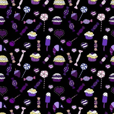 Beyaz, siyah ve mor renkler. Trendy vektör arka plan. Şeker soyut geometrik tarzı ile renkli seamless modeli.