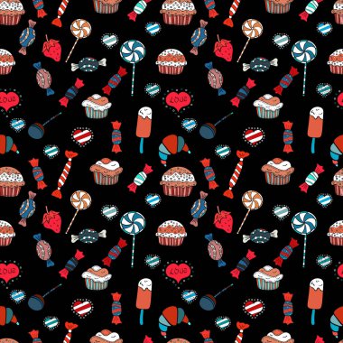 Of sweets on red, white and black background. Seamless candies. For game, postcard, invitation and web design. Flat style Vector illustration.