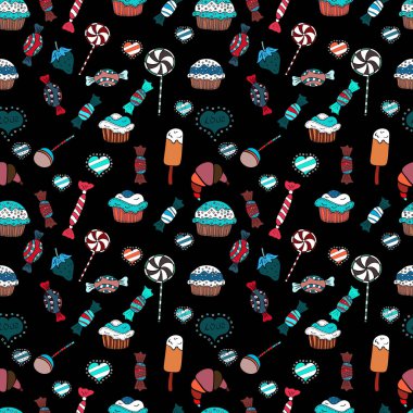 Şeker vektör doodle'ı. Suluboya şekerler şekerler ile Dikişsiz desen. Siyah, mavi ve beyaz renklerde.
