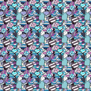 Vektör çizim. Dikişsiz desen suluboya tatlılar şekerlemeler ile elle çizilmiş bir beyaz, mavi ve siyah arka plan üzerinde izole..