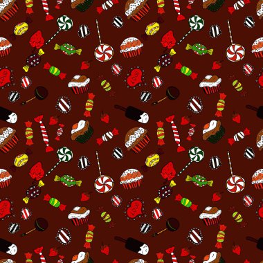 Yeni yıl vektör çizim. Siyah, kırmızı ve kahverengi zemin üzerine şeker ile Noel vektör seamless modeli. Noel hediyeleri için kağıt ambalaj.
