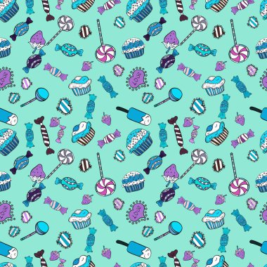 Parlak sorunsuz vektör konfeti model parti. Mavi, siyah ve beyaz arka plan üzerinde renkli şeker serpin, şeker veya fırın tasarım.