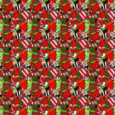 Siyah, kırmızı ve beyaz sevimli doğum günü arka plan. El çizilmiş doodle tatlılar ile Dikişsiz desen: cupcakes, kek, pasta, kekler. Vektör çizimi.