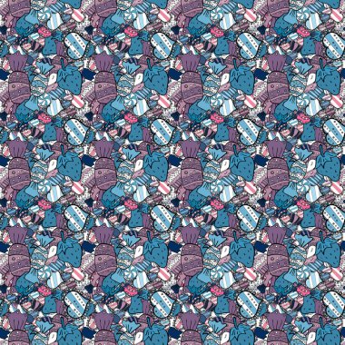 Kağıt ambalaj. Kek ile Seamless modeli. Vektör çizim. Güzel Doğum günü arka plan mavi, beyaz ve siyah.