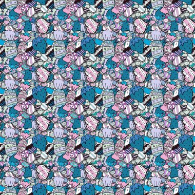 Sevimli vektör kek ve kurabiye sorunsuz. Renkli cupcake gıda afiş tasarımı mavi, tarafsız ve siyah için izole.