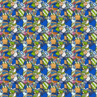 Mavi, siyah ve beyaz arka plan ile şirin el çekilmiş tatlı illüstrasyon seamless modeli. Vektör.