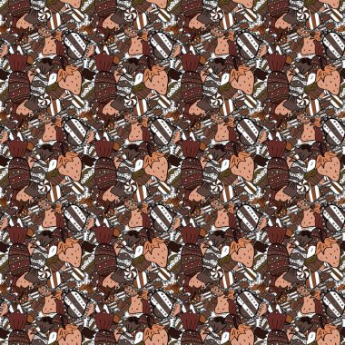 Seamless pattern with watercolor sweets candies, hand drawn isolated on a brown, black and white background. Vector illustration.