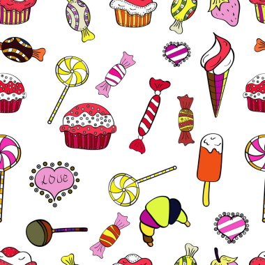 Flat style Vector illustration. For game, postcard, invitation and web design. Seamless candies. Of sweets on white, black and pink background.