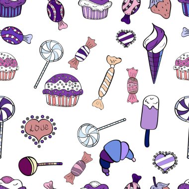 Renkli, retro el Cadılar Bayramı davranır bir beyaz, siyah ve mor zemin üzerine resimli. İlginç, Soyut El çekilmiş sorunsuz vektör şeker desen.