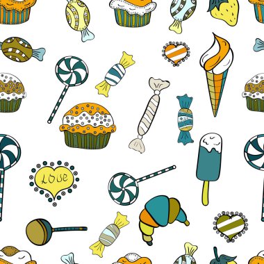 Dikişsiz desen beyaz, sarı ve siyah renkler tatlı şeker. Vektör çizim.