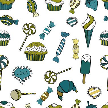 Vektör çizim. Dikişsiz desen suluboya tatlılar şekerlemeler ile elle çizilmiş bir beyaz, yeşil ve siyah arka plan üzerinde izole..