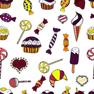 Şekerci dükkânı. Sorunsuz. Tatlılar ve mumlar, çizimler. Vektör çizim.