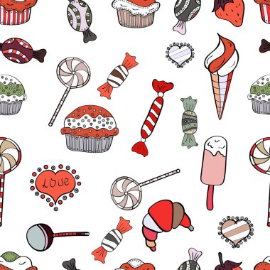 Şekerci dükkânı. Tatlılar ve mumlar, çizimler. Vektör çizim. Sorunsuz.