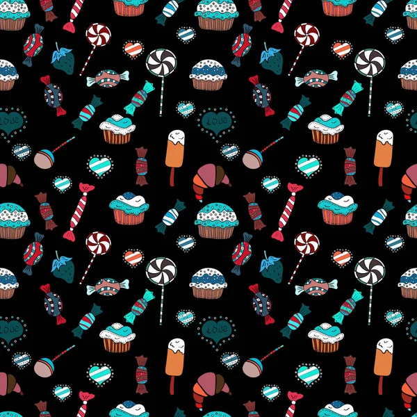Süßigkeiten Vektor Doodle Nahtloses Muster Mit Aquarell Bonbons Auf Schwarzen — Stockvektor