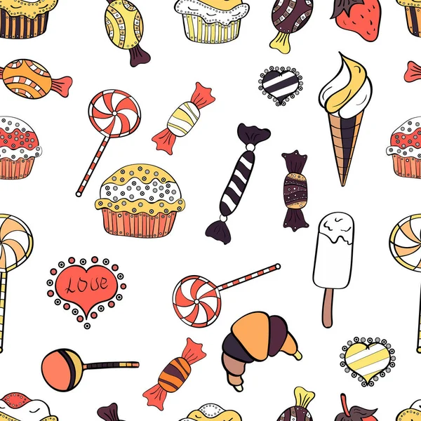 Trendy vektör arka plan. Şeker soyut geometrik tarzı ile renkli seamless modeli. Beyaz, siyah ve turuncu renkler.