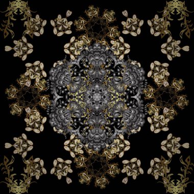 Siyah ve gri renkler altın elemanları ile Vintage seamless modeli. Noel 2019, kar tanesi, yeni yıl.