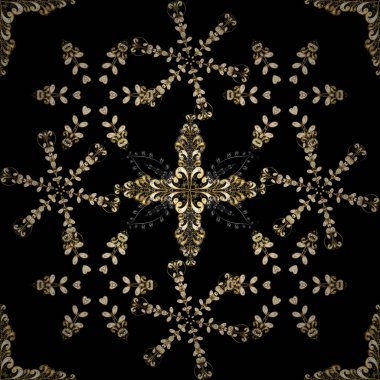 Klasik oryantal desen siyah ve bej renkler üzerinde. Geleneksel vektör ve altın desen. Damasko sorunsuz süsleme.