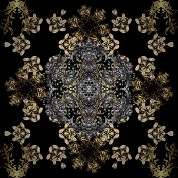 Siyah ve gri renkler altın elemanları ile Vintage seamless modeli. Noel 2019, kar tanesi, yeni yıl.