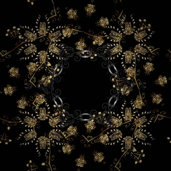 手绘装饰框架 专辑封面 复古艺术装饰风格 向量抽象花花圈从金黄涂鸦幻想叶子和花在一个黑色的颜色 — 图库矢量图片