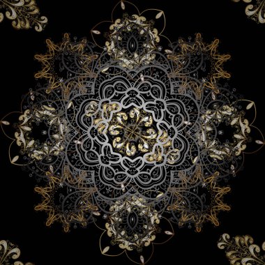 Siyah ve gri renkler altın elemanları ile Dikişsiz vintage desen. Siyah ve gri renkler altın elemanları ile altın seamless modeli. Noel, kar tanesi, yeni yıl.