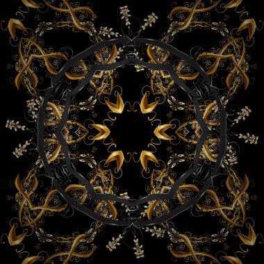 Barok tarzında altın çiçekli süs. Damask arkaplanı. Altın çiçekli, pürüzsüz desen. Siyah ve gri renklerdeki altın element.