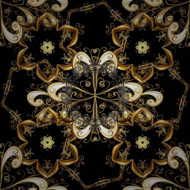 Klasik vektör altın seamless modeli. Çiçek süsleme brokar Tekstil desen, cam, metal çiçek desenli altın elemanları ile kahverengi ve siyah renkler ile.