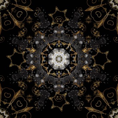 Şam altın soyut çiçek seamless modeli siyah ve gri renkler. Süslü dekorasyon. Vektör çizim.