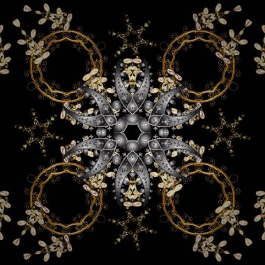 Damasko Dikişsiz desen tasarımı için. Vektör Dikişsiz desen gri ve siyah renkler altın elemanları ile.