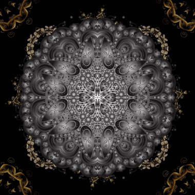 Tasarımlarınız için duvar kağıdı. Vektör geometrik arka plan. Altın rengi Dikişsiz illüstrasyon. Siyah ve gri renkler altın çiçek elemanları ile altın seamless modeli.