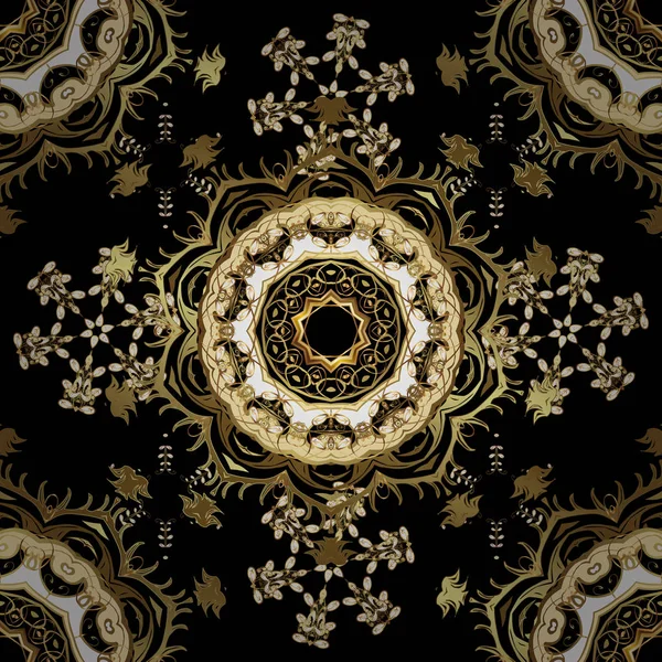 ベクトルの黄金パターン 黄金の要素と黒と茶色の色のオリエンタル スタイル アラベスク黄金パターン シームレスなテクスチャ カール — ストックベクタ