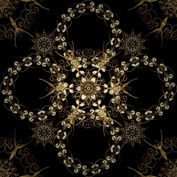 シームレスな東洋の古典的な黄金のパターン 黒と茶色の上に黄金の繰り返し要素を持つベクトル抽象的な背景 — ストックベクタ