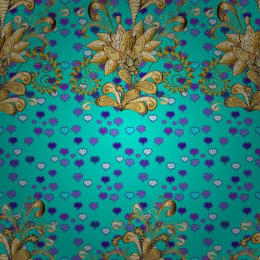 Kına dövme, altın çıkartmalar, tasarım, mehndi ve yoga ile süs çiçek öğeleri kartları ve yazdırır. Kahverengi, mavi ve mor renkler desen. Vektör altın mehndi seamless modeli.