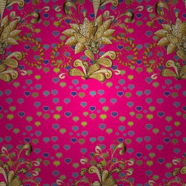 Altın çiçek süsleme barok tarzı. Antika altın yinelenebilir kroki. Sarı, kahverengi ve kırmızı renkleri altın öğesinde. Damasko Dikişsiz desen yinelenen arka plan.