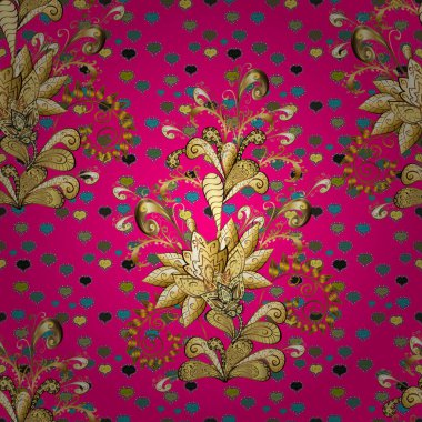 Süslü vektör dekorasyon. Dikişsiz Şam desen arka plan barok tarzında kroki tasarımı için. Altın altın öğeleri kahverengi, sarı ve kırmızı renklerle desen.