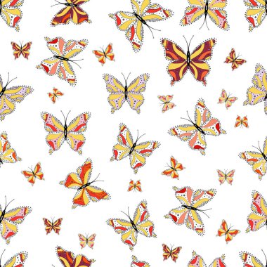 Vektör çizim. Siyah, sarı ve beyaz arka plan üzerinde kelebek. Sorunsuz. Rasgele siyah, sarı ve beyaz kelebekler şirin desen. Basit kadınsı desen davet için kartı, baskı.