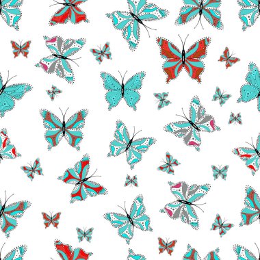 Vektör kelebekler desen. Mavi, beyaz ve siyah renkler witg tropikal kelebekler resimlerde. Arka plan sorunsuz. Sketchs, web sayfası arka planlar, yüzey dokuları, Tekstil için mükemmel.