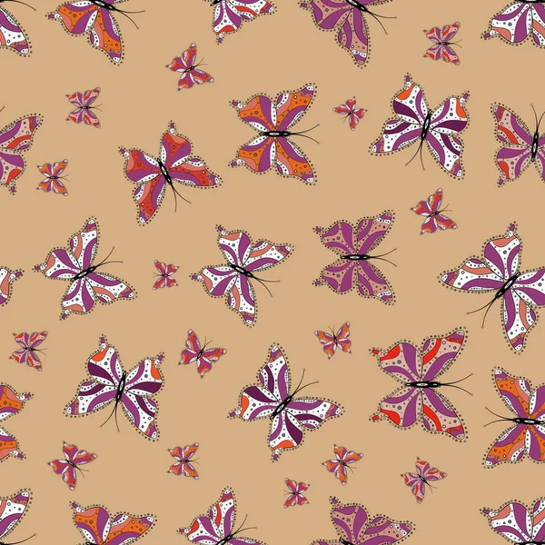 ベクトル ファブリック ファッション デザイン 蝶のパターン 抽象的なシームレスな背景 ベージュ 紫と白の色のイラスト — ストックベクタ