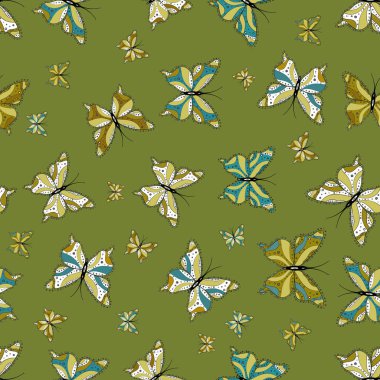 Kroki, doodle, karalama. Sorunsuz. Vektör çizim. Yeşil, beyaz ve tarafsız bir arka plan üzerinde kelebekler. Sonsuz. Kelebekler Tasarla.