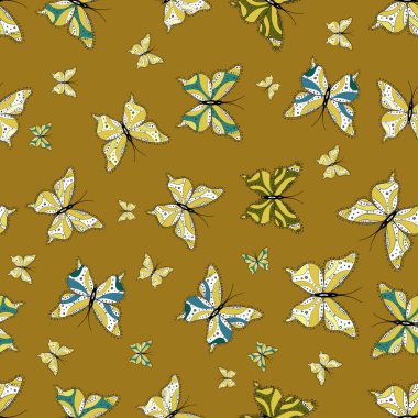 Basit şirin desen davet için kartı, baskı. Kahverengi, beyaz ve sarı bir arka plan üzerinde renkli kelebek. Renkli güzel halk kelebekler ile Dikişsiz desen vektör.