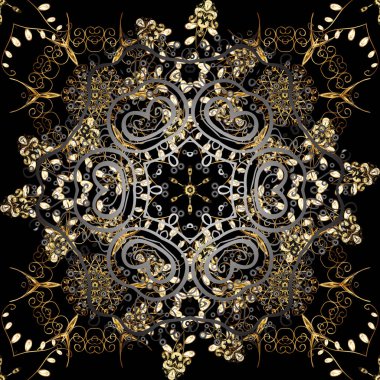 Sorunsuz altın dokulu bukleler. Oryantal tarzı arabesk altın öğeleri. Dikişsiz desen gri ve siyah renkler. Vektör altın seamless modeli.