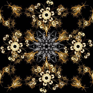 Vektör altın antika çiçek Ortaçağ dekoratif, yaprakları ve altın desen süsler kahverengi ve siyah renkler ile seamless modeli. Sorunsuz kraliyet lüks altın Barok damasko vintage.