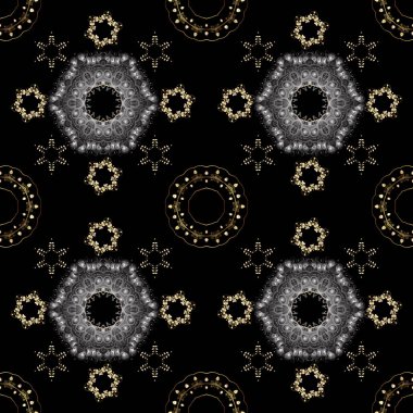 Vektör altın antika çiçek Ortaçağ dekoratif, yaprakları ve altın desen süsler siyah ve gri renkler ile seamless modeli. Sorunsuz kraliyet lüks altın Barok damasko vintage.