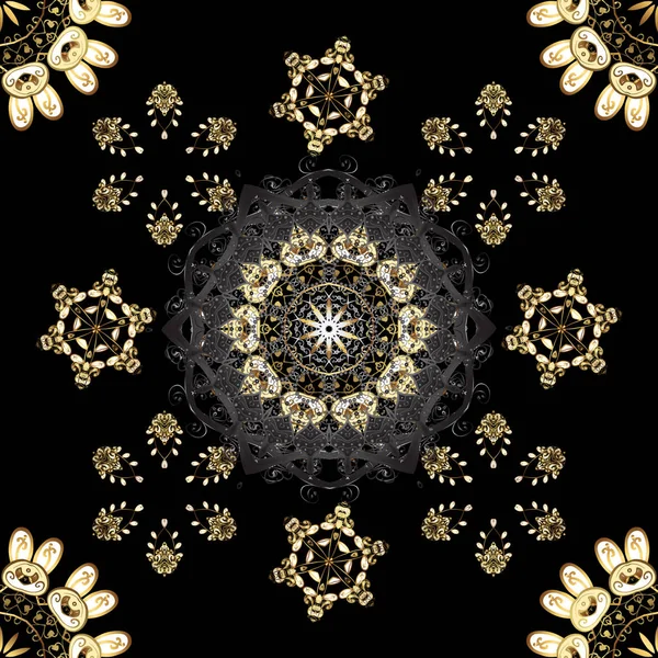 Seamless Vintage Pattern Gray Black Colors Golden Elements Christmas Snowflake — Stock Vector