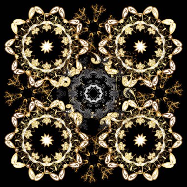 Noel, kar tanesi, yeni yıl. Altın kahverengi ve siyah renkler altın elemanları ile seamless modeli. Kahverengi ve siyah renkleri altın elemanları ile sorunsuz vintage desen.