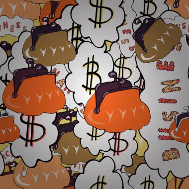 Bej renkli, beyaz ve turuncu renkleri öğelerinde. Para illüstrasyon. Sorunsuz çeşitli para dolar ve bitcoin vektör kümesi.